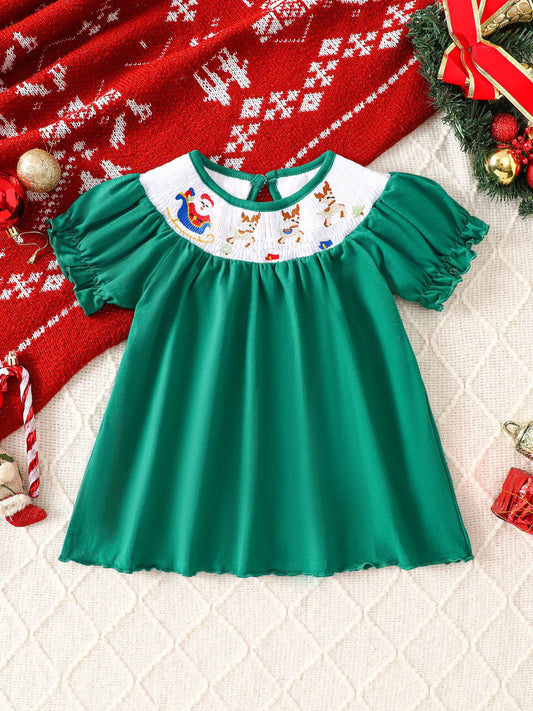 Children's Christmas Embroidered A-Line Dress Dark Green