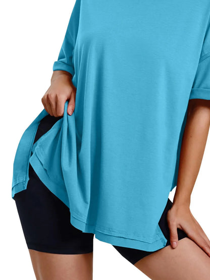 Full Size Oversized Drop Shoulder Side Slit T-Shirt Plus Size
