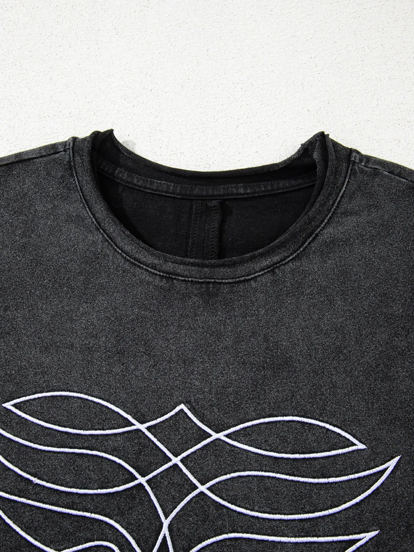 Floral Embroidered Mineral Wash Crew Neck T Shirt