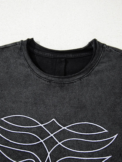 Floral Embroidered Mineral Wash Crew Neck T Shirt