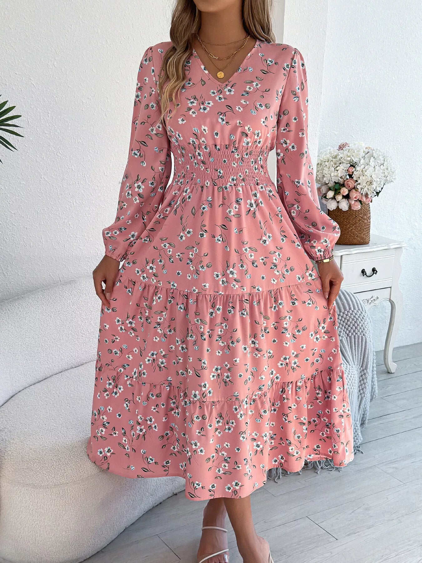 Floral Print Long Sleeve V-Neck Midi Dress Pink