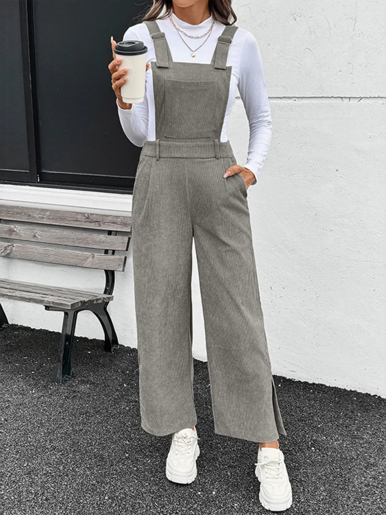 Slit Wide Leg Overalls with Pockets