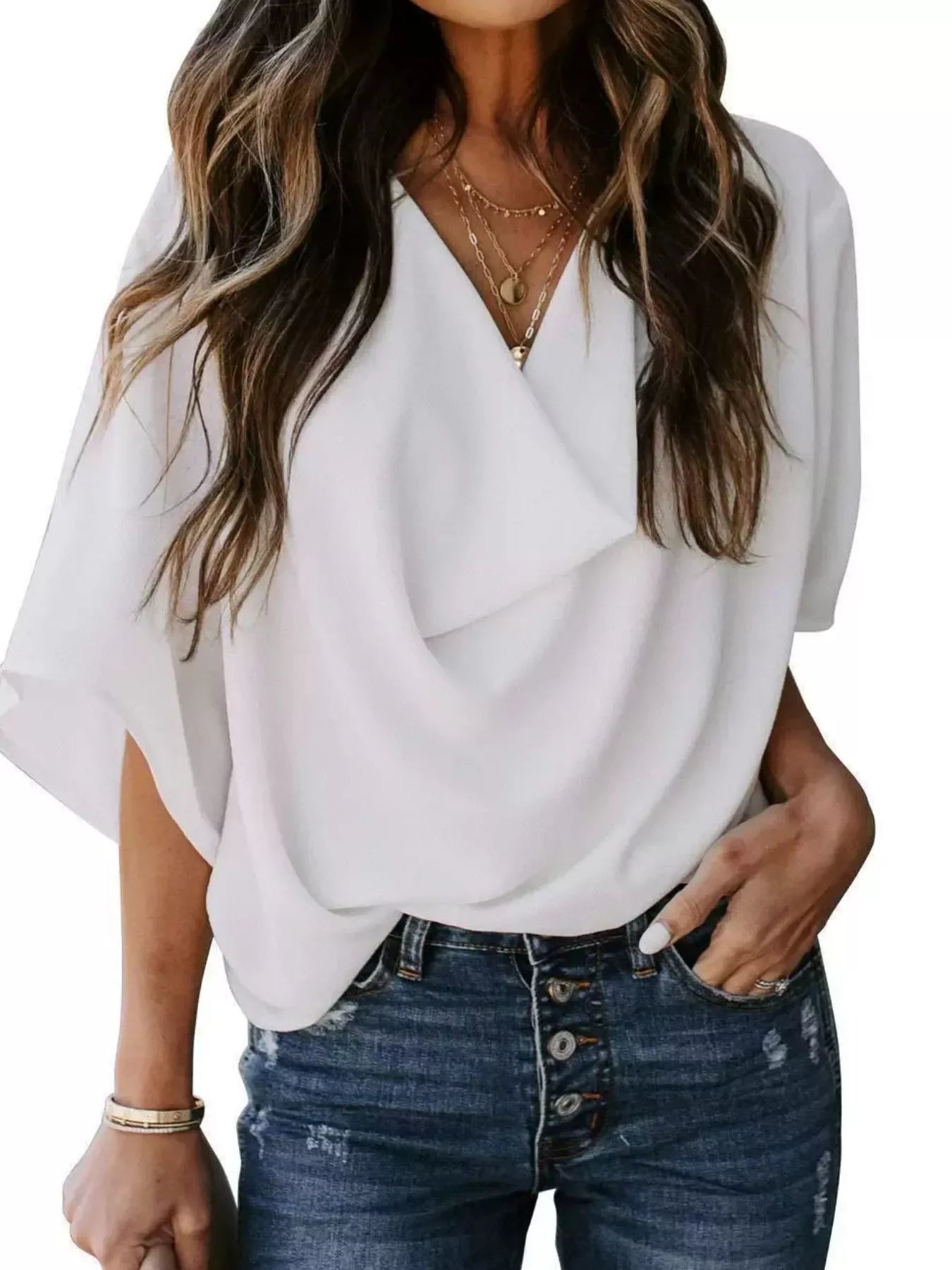 Full Size Half Sleeve Flowy Blouse Plus Size White