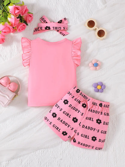 Children's Headband Letter Ruffle Sleeve Top and Shorts 3-Piece Set