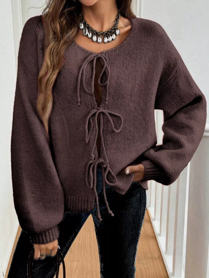 Tie-Front Long Sleeve Cardigan Brown