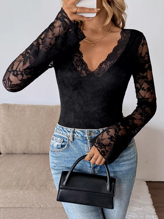 Lace V-Neck Long Sleeve T-Shirt Black