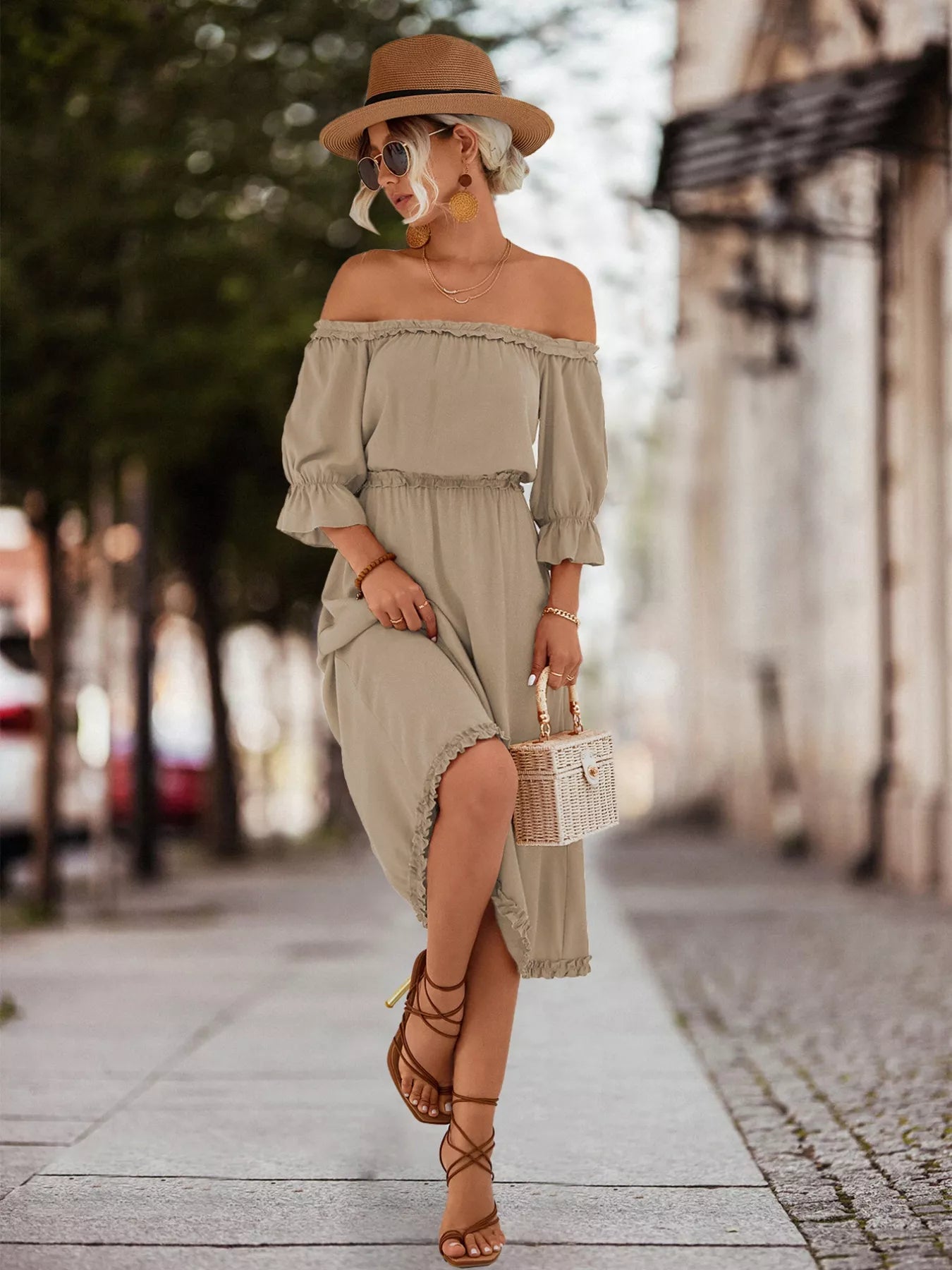 Off-Shoulder Flounce Sleeve Midi Dress