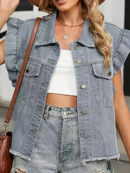 Ruffled Raw Hem Button Up Denim Jacket