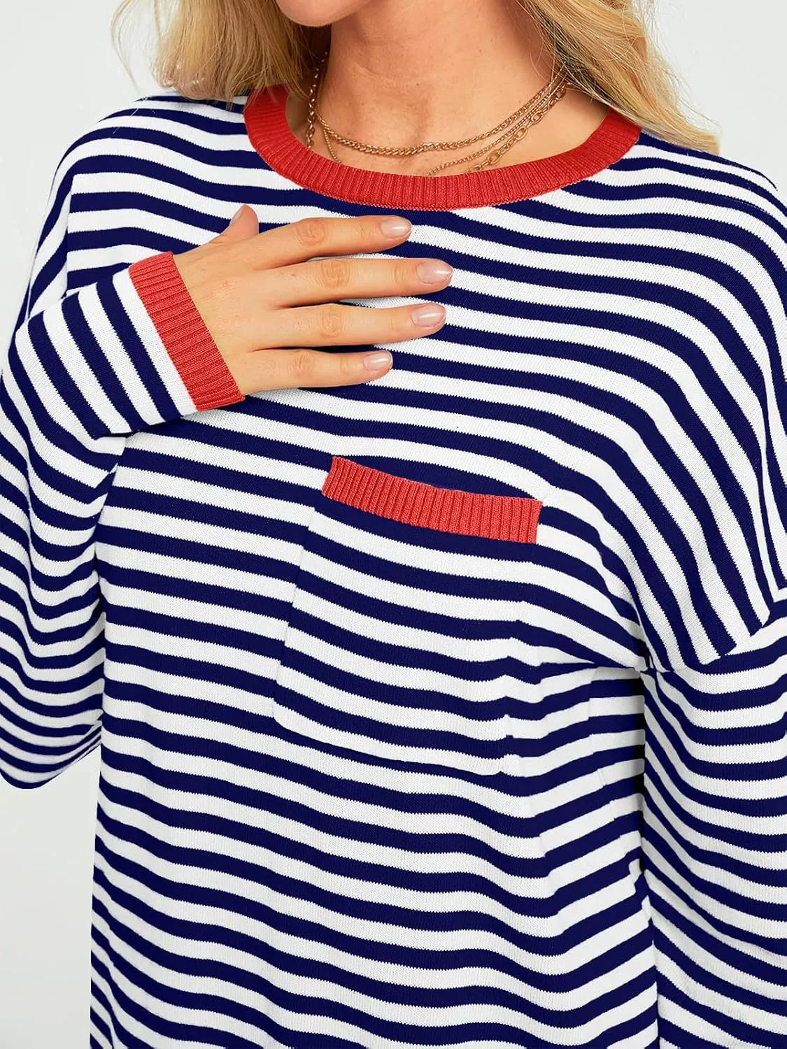 Striped Long Sleeve Sweater with Contrast Ribbed Trim