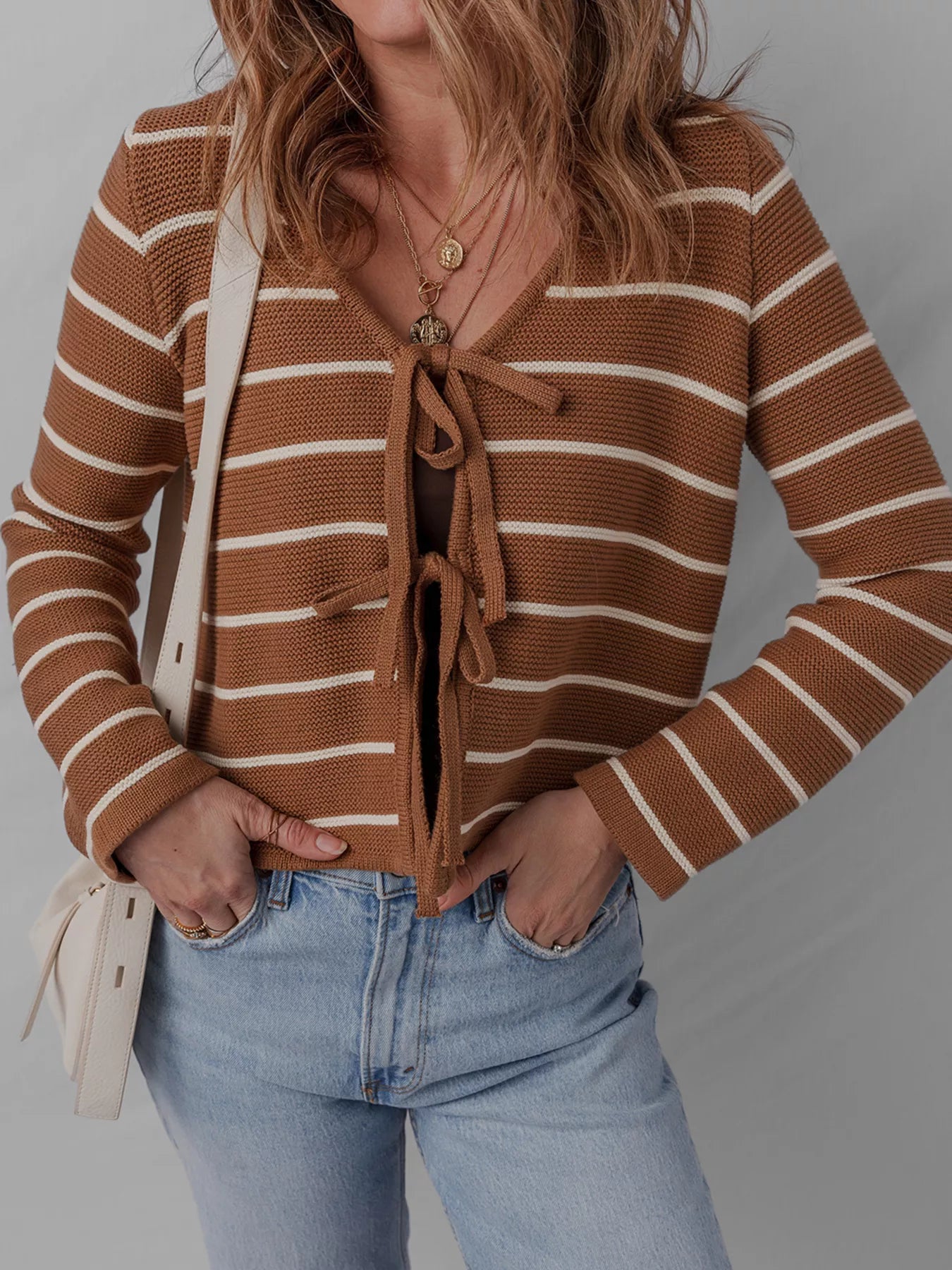 Tie Front Striped Knit V Neck Cardigan Caramel