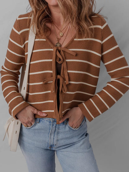 Tie Front Striped Knit V Neck Cardigan Caramel