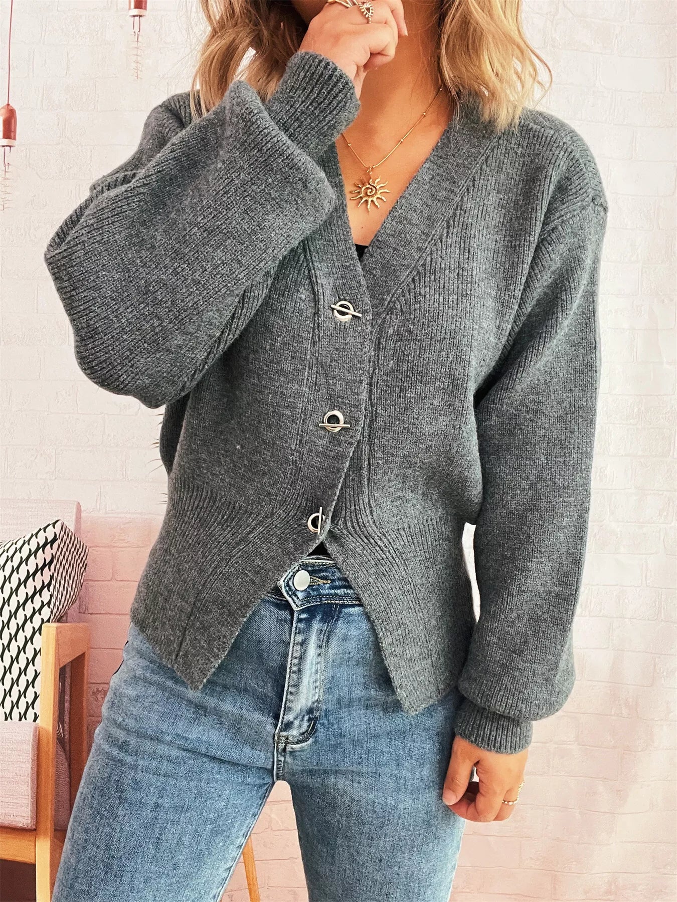 Button Up Long Sleeve Cardigan Gray One Size