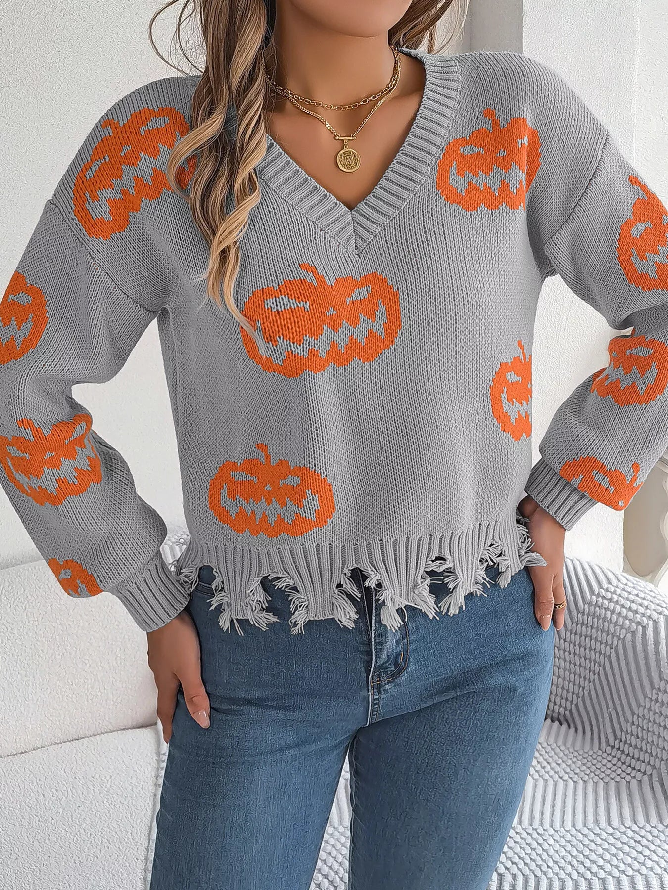 Halloween Pumpkin Pattern Raw Hem V-Neck Sweater Gray