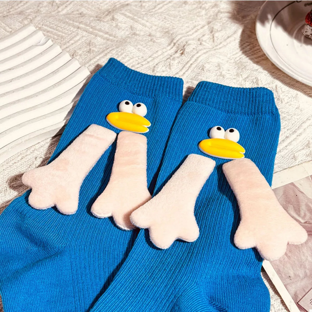 Cartoon Ribbed Knit Crew Socks Blue One Size