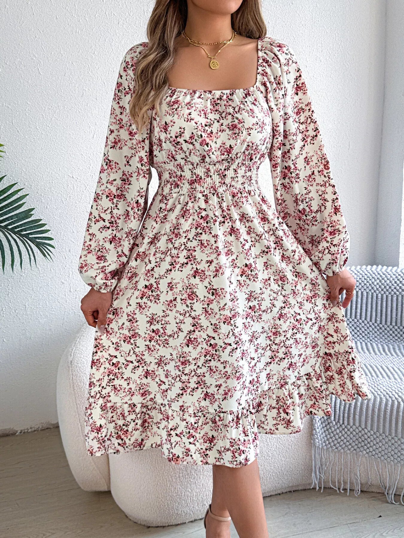 Floral Print Long Sleeve Square Neck Midi Dress