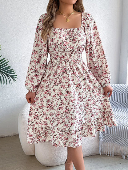 Floral Print Long Sleeve Square Neck Midi Dress