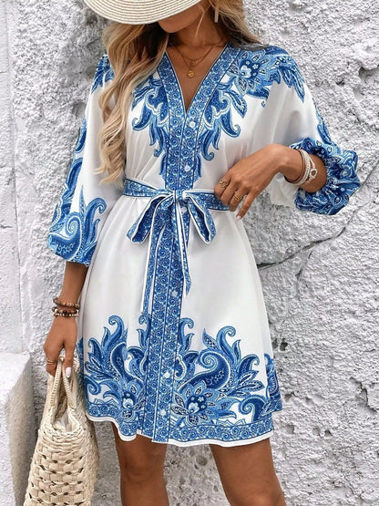 Printed Balloon Sleeve Mini Dress