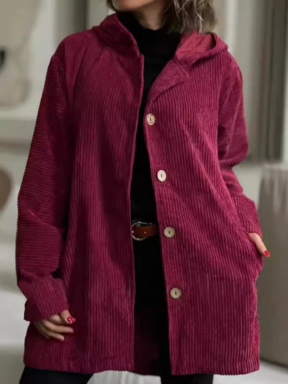Full Size Corduroy Hooded Button-Up Jacket Plus Size Wine Red