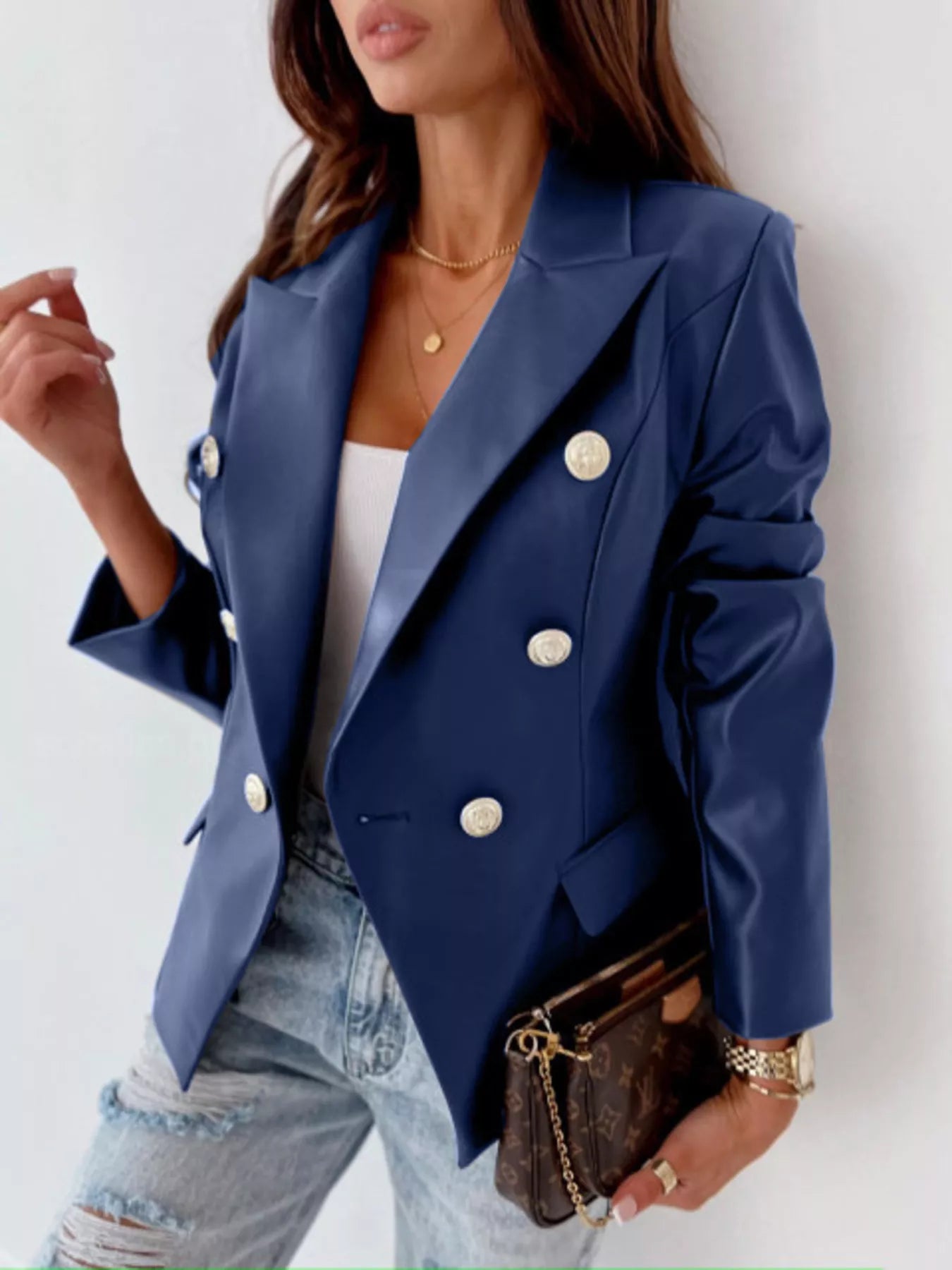 Lapel Collar Leather Blazer Blue