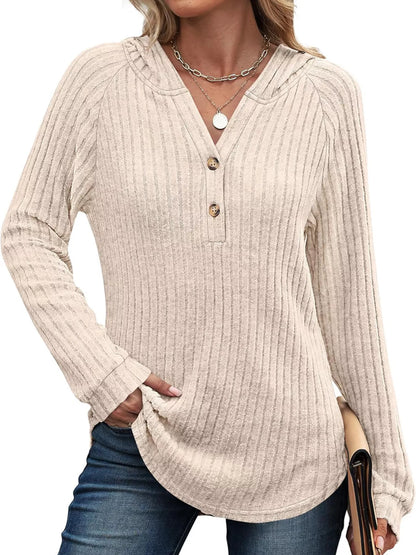 Full Size Ribbed Knit Button Detail Hooded Top Plus Size Apricot