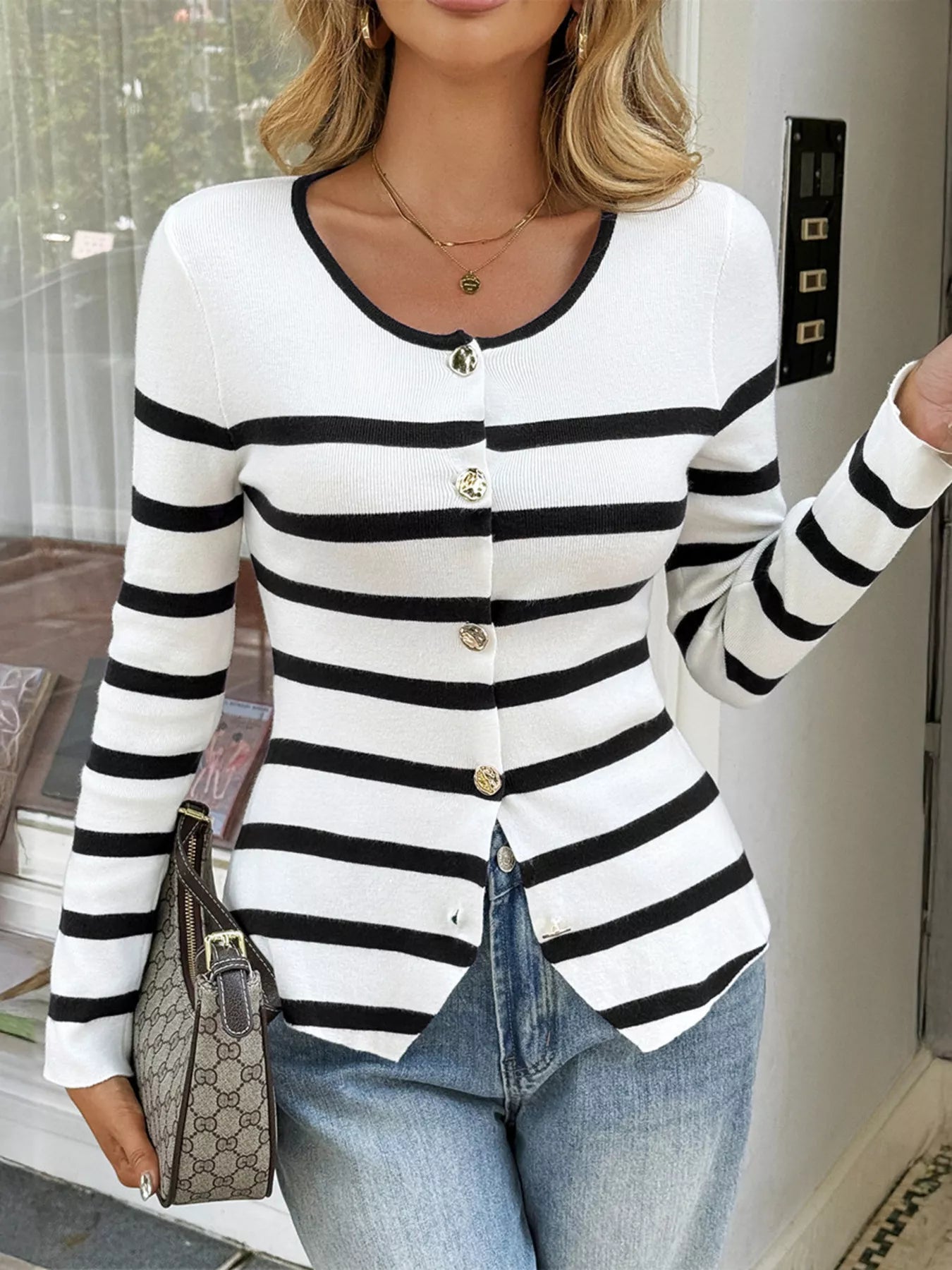 Striped Button-Up Knit Cardigan White