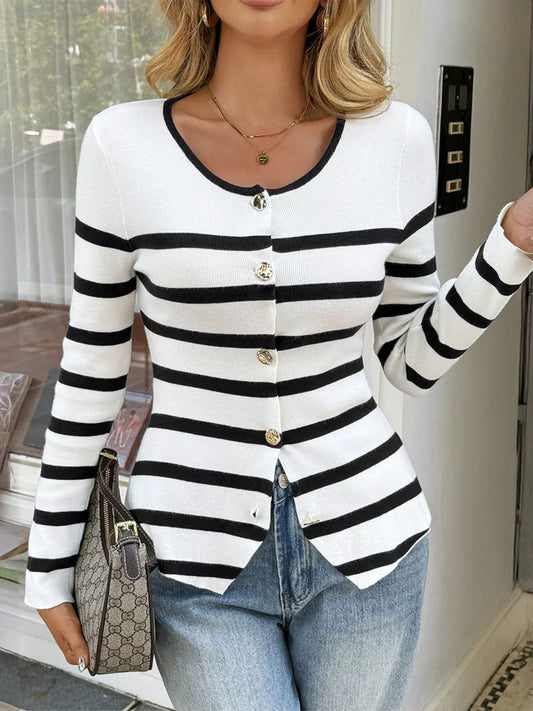 Striped Button-Up Knit Cardigan White
