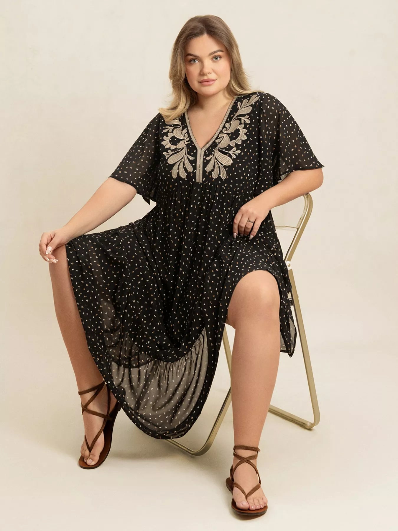 Plus Size Printed V-Neck Flutter Sleeve Maxi Dress