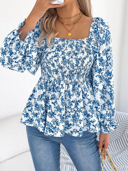Full Size Floral Print Smocked Long Sleeve Blouse Plus Size Blue