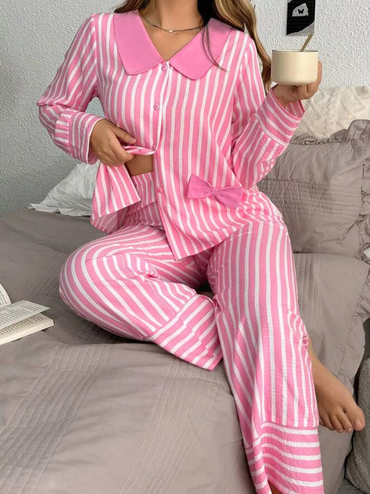 Stripe Buttoned Front Long Sleeve Top and Pants 2 Piece Sleepwear Pink