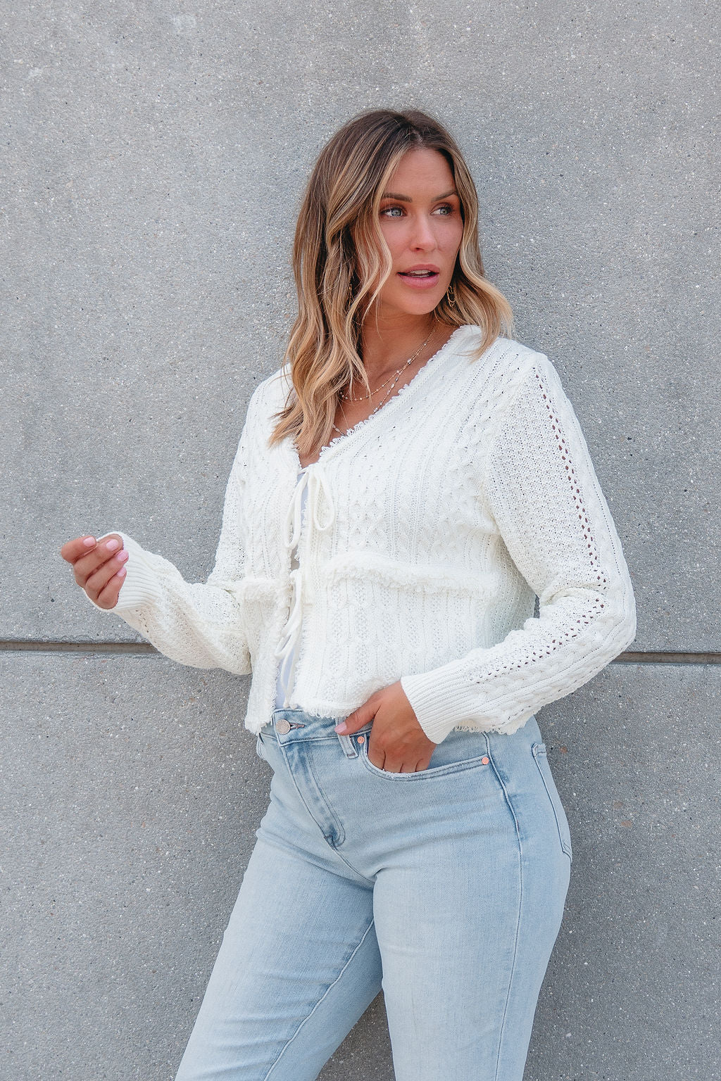 Alina Cream Crochet Tie Front Sweater Cardigan - FINAL SALE