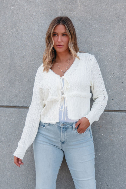 Alina Cream Crochet Tie Front Sweater Cardigan - FINAL SALE