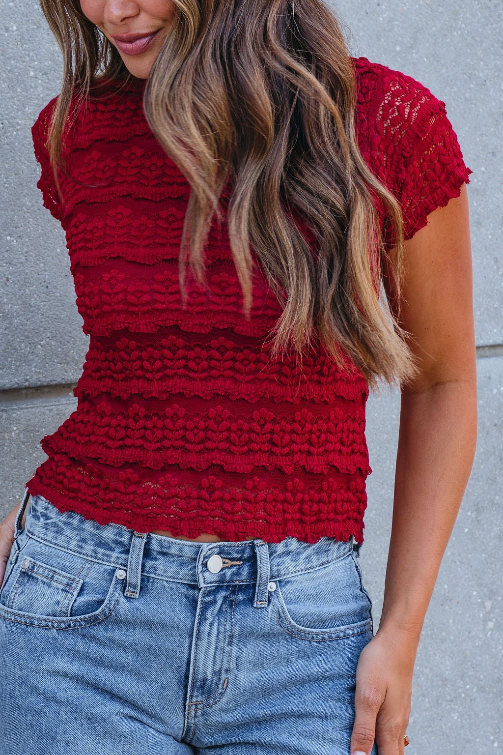 Amara Burgundy High Neck Lace Top