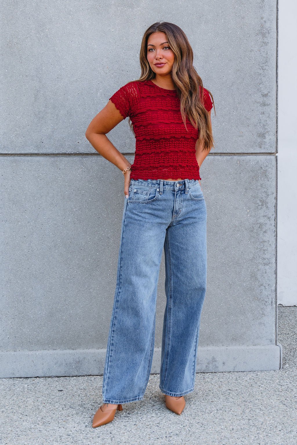Amara Burgundy High Neck Lace Top