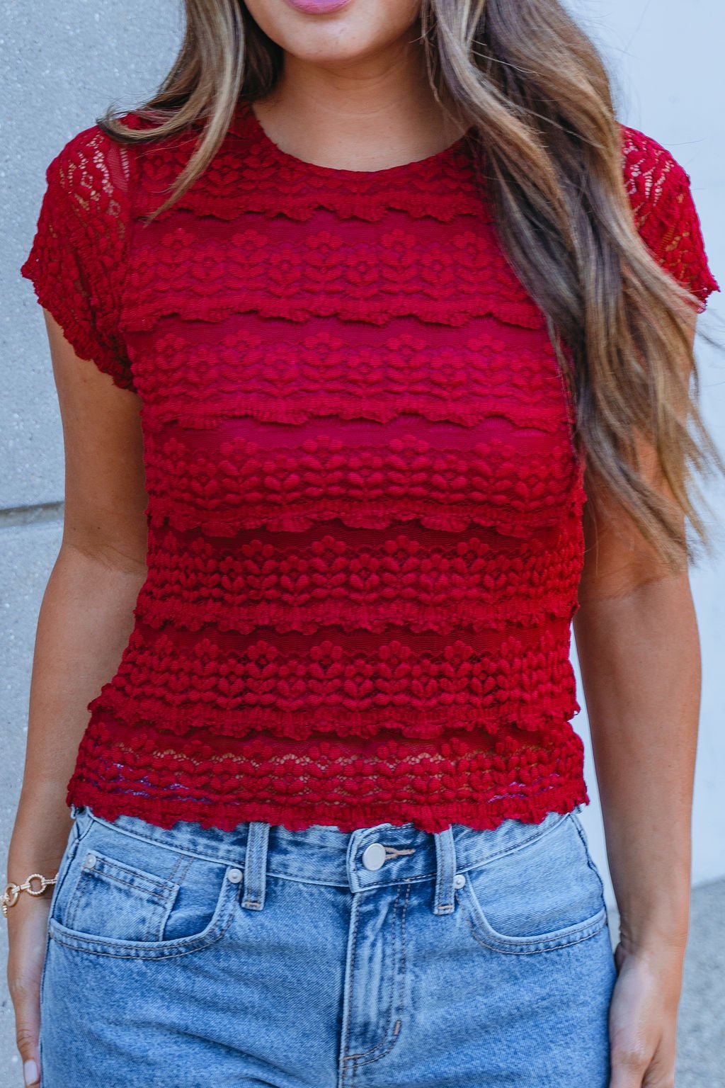 Amara Burgundy High Neck Lace Top