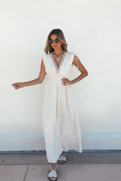 Athena Beige Beaded Linen Maxi Dress - FINAL SALE