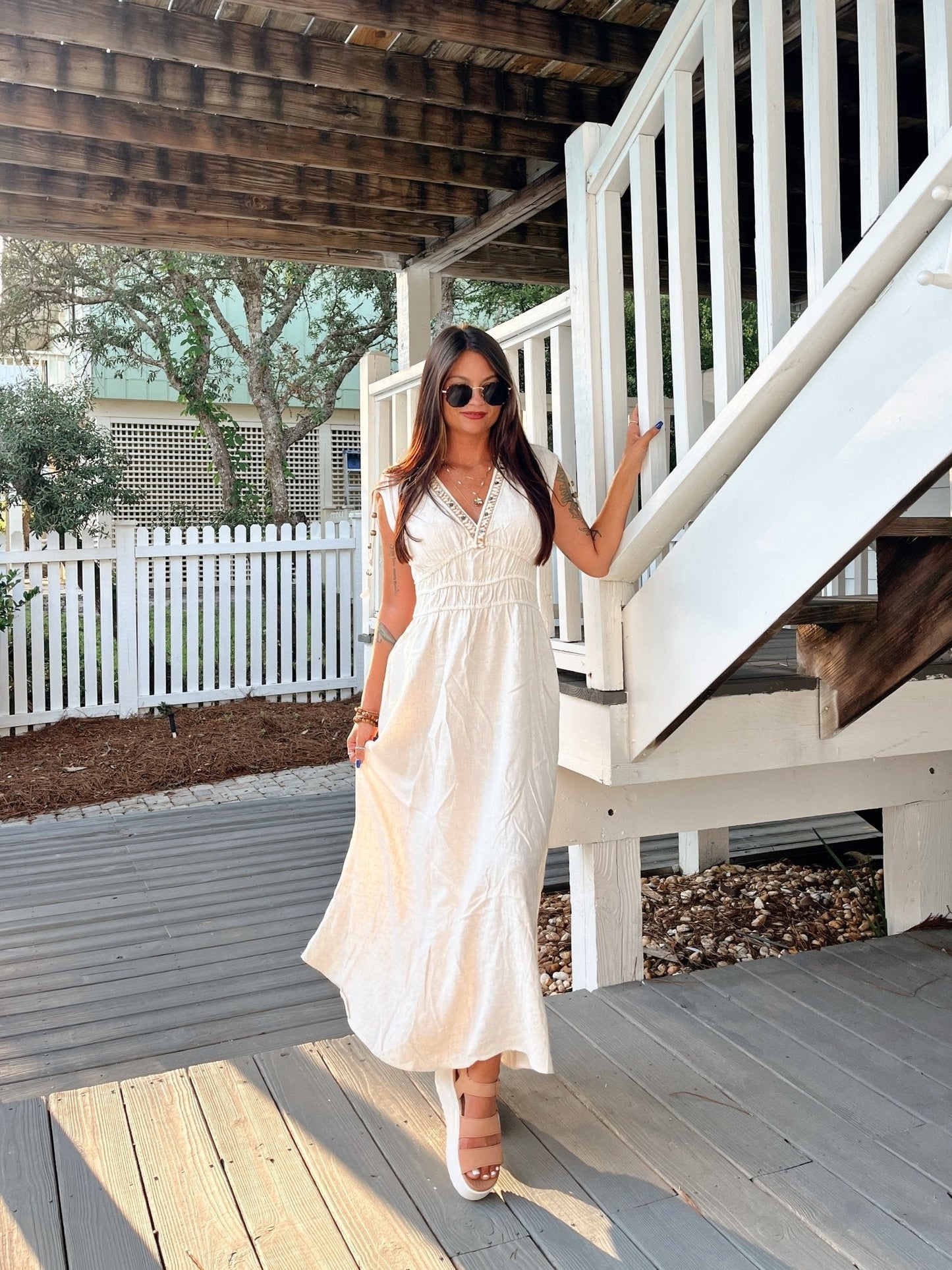 Athena Beige Beaded Linen Maxi Dress - FINAL SALE
