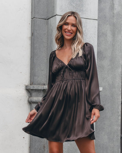 Autumn Soiree V Neck Mini Dress - Dark Brown