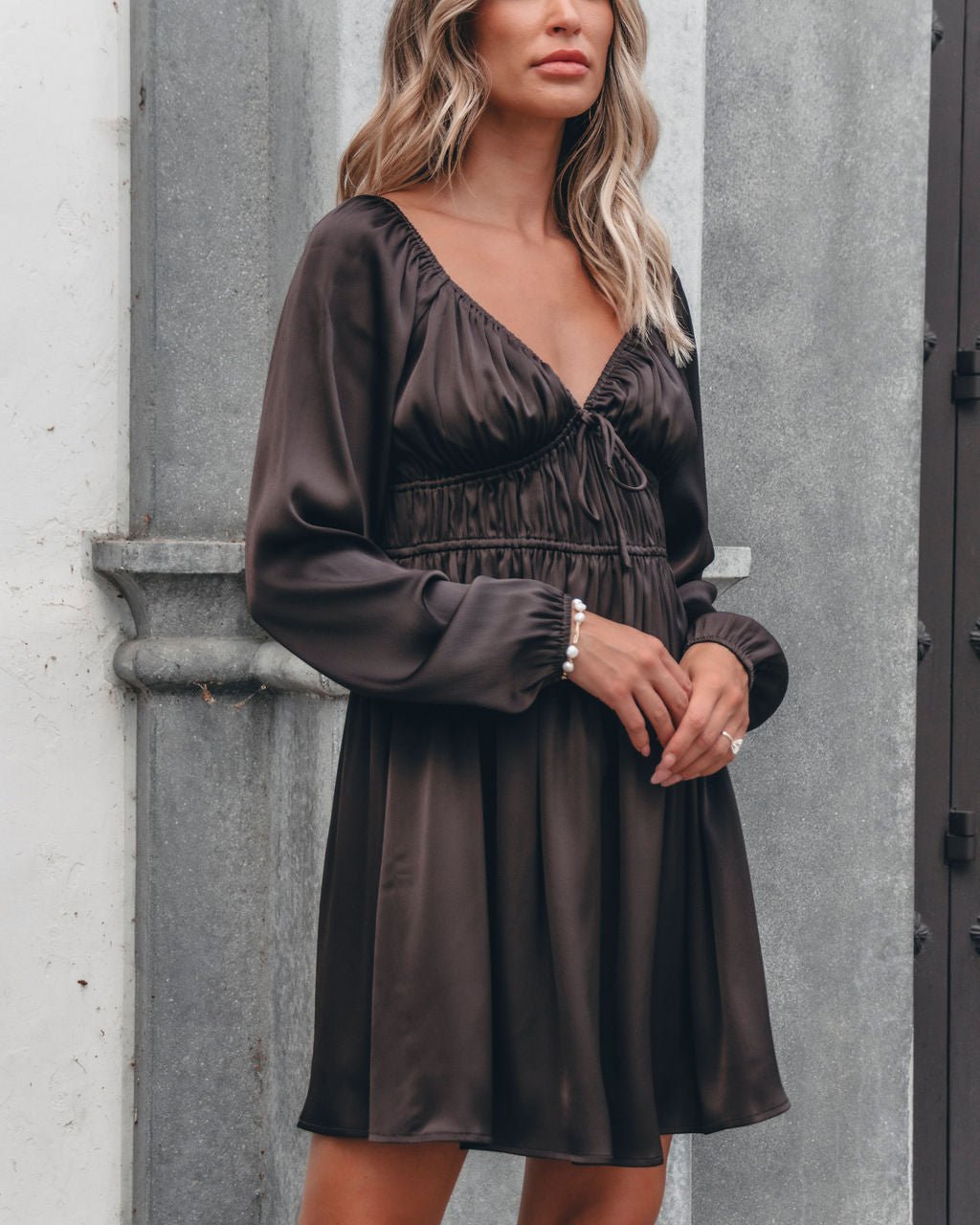 Autumn Soiree V Neck Mini Dress - Dark Brown