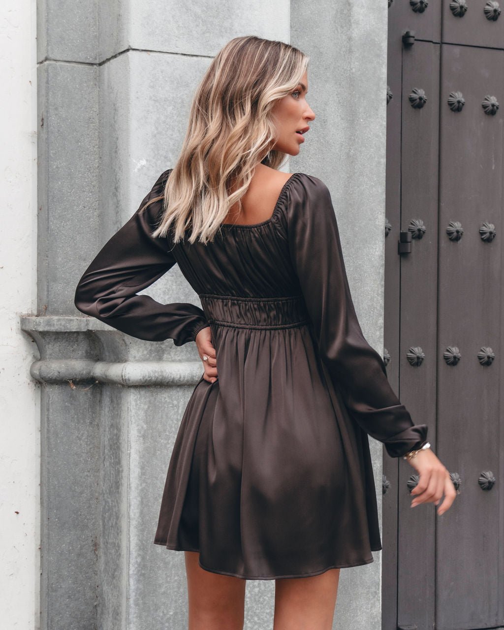 Autumn Soiree V Neck Mini Dress - Dark Brown