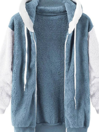 Full Size Fleece Zip-Up Hooded Outerwear Plus Size