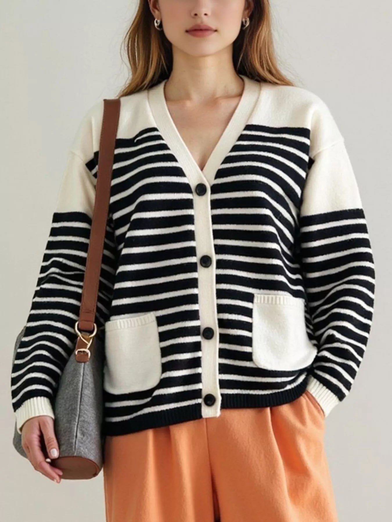 Striped Button-Down Knit Cardigan