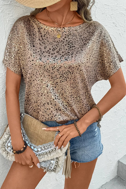 Parchment Shimmer Leopard Print Dolman Sleeve T Shirt Camel