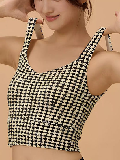Crisscross Back Houndstooth Active Bra Plaid