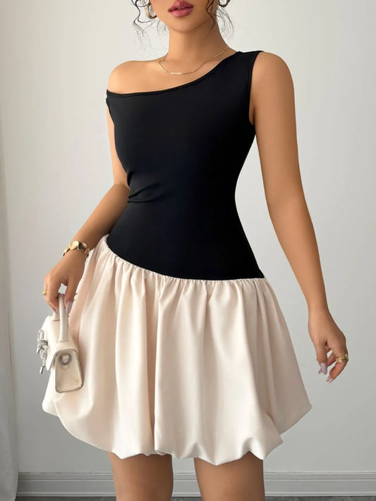 Contrast Single Shoulder Mini Tank Dress Black