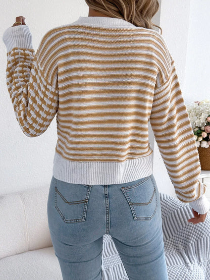 Striped Button-Up Cropped Cardigan
