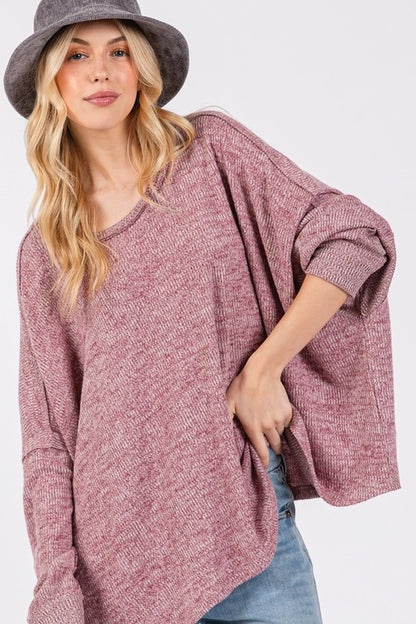 Back To School Sweater - SAGE + FIG Round Neck Batwing Sleeve Oversize Top Mulberry