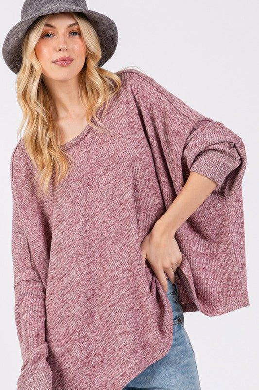 Back To School Sweater - SAGE + FIG Round Neck Batwing Sleeve Oversize Top Mulberry