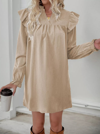 Ruffled Notched Long Sleeve Dress