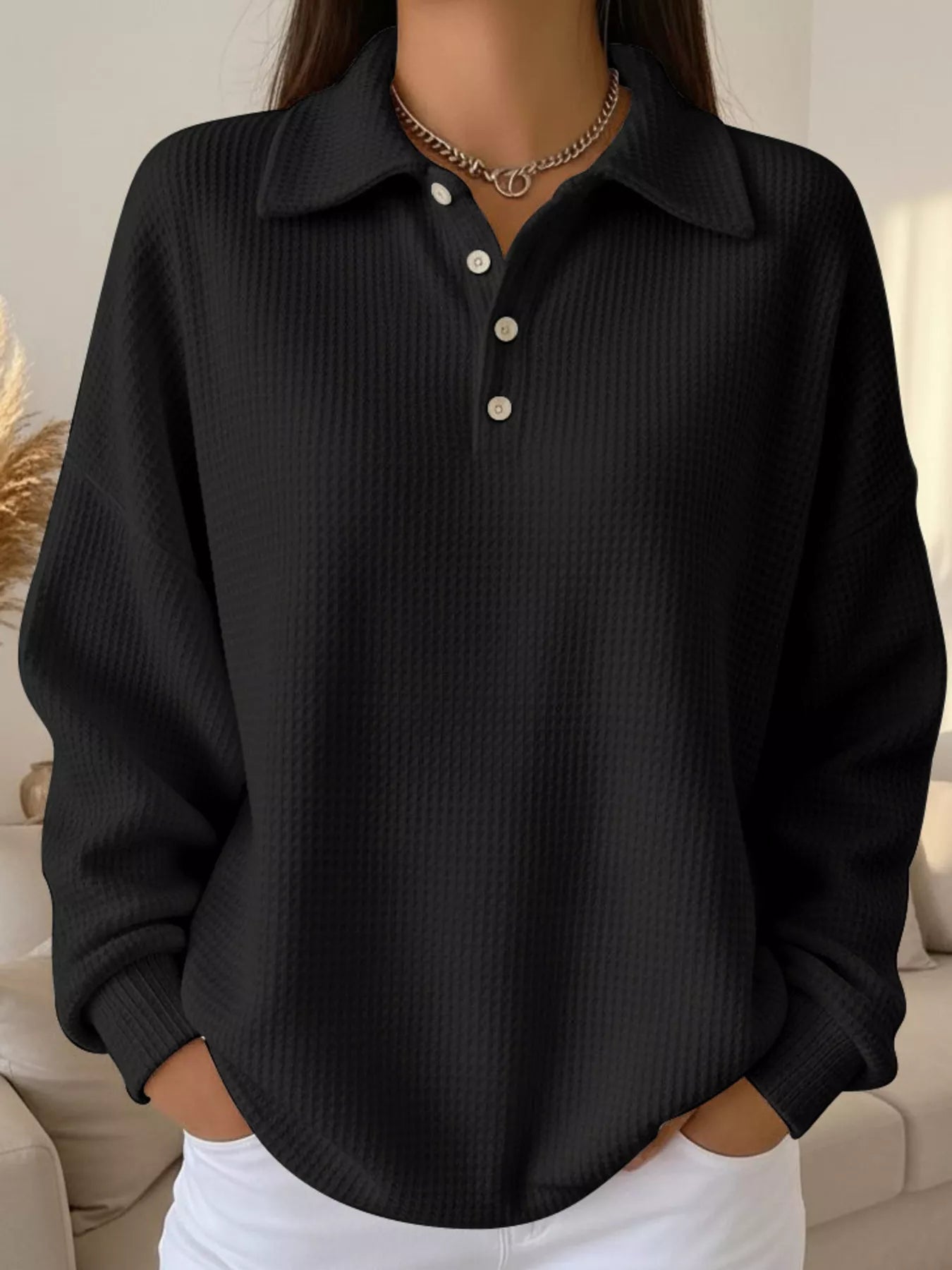 Full Size Waffle Knit Button Detail Sweatshirt Plus Size Black