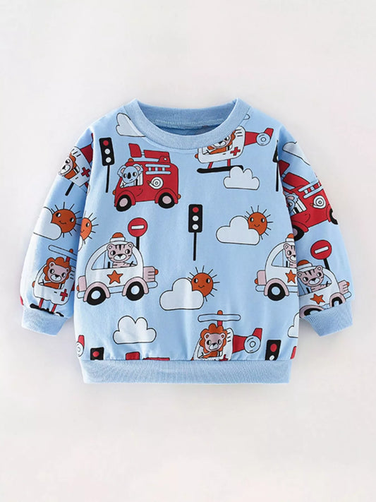 Children's Cartoon Vehicle Print Crew Neck Sweatshirt Light Blue